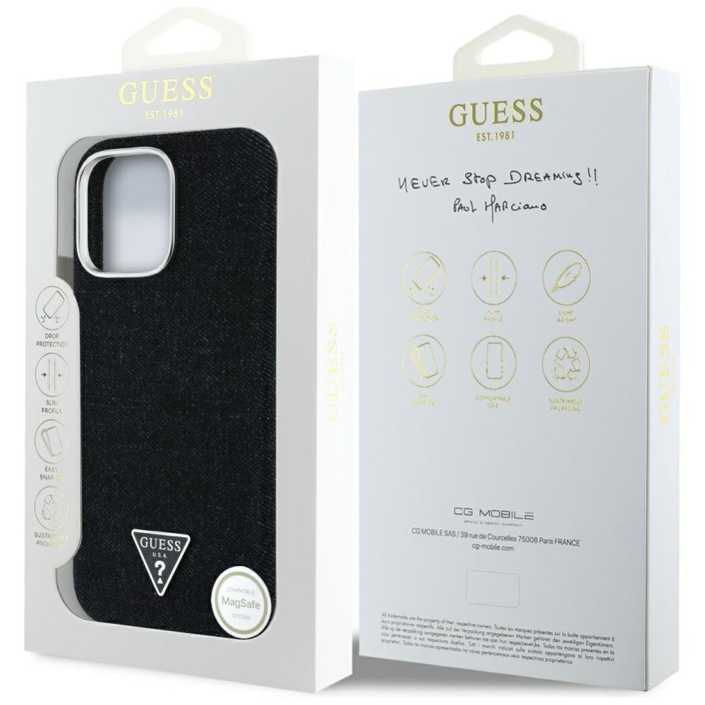 Citas preces Guess Guess Denim Triangle Logo MagSafe iPhone 16 Pro Max Case - Black