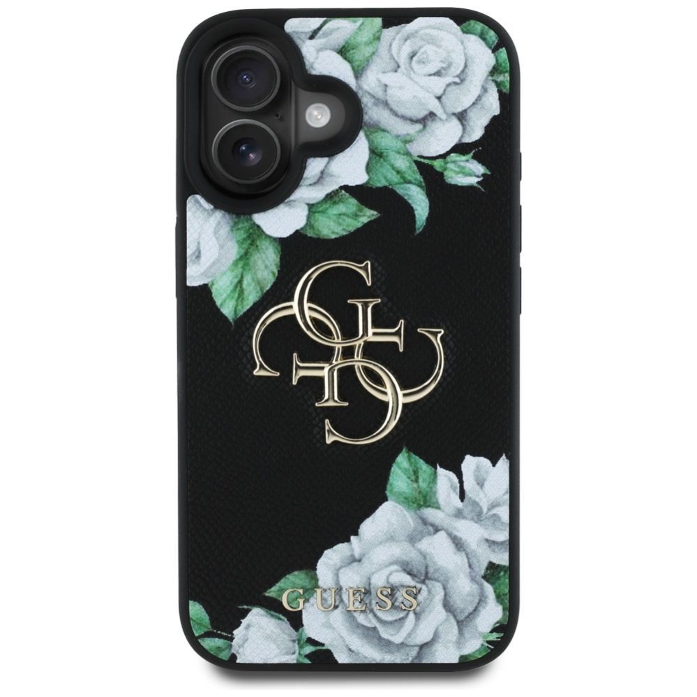 Citas preces Guess Guess Grained Roses Big 4G logo case for iPhone 16 - black