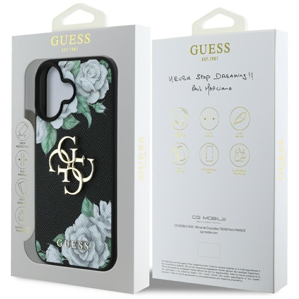 Citas preces Guess Guess Grained Roses Big 4G logo case for iPhone 16 - black