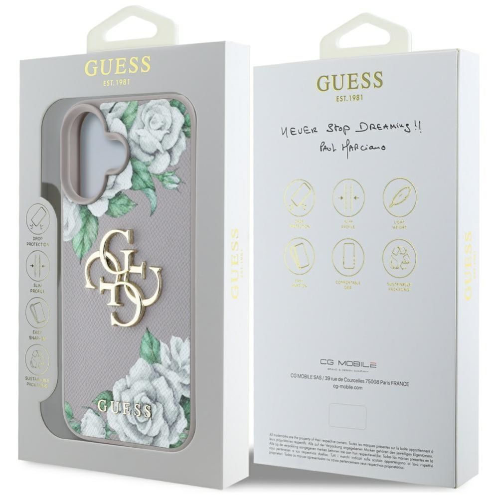 Citas preces Guess Guess Grained Roses Big 4G Logo iPhone 16 Case - Purple