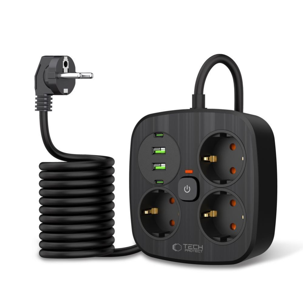 Citas preces Tech-Protect Tech-Protect PCS3X4 power strip, 3 sockets, 2xUSB-A, 2xUSB-C 200 cm - black