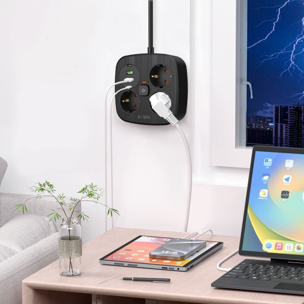 Citas preces Tech-Protect Tech-Protect PCS3X4 power strip, 3 sockets, 2xUSB-A, 2xUSB-C 200 cm - black