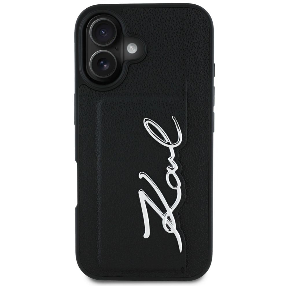 Citas preces Karl Lagerfeld Karl Lagerfeld HC Grained PU Cardslot Metal Signature iPhone 16 Case - Black