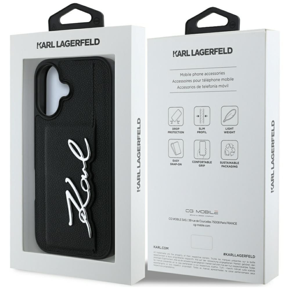 Citas preces Karl Lagerfeld Karl Lagerfeld HC Grained PU Cardslot Metal Signature iPhone 16 Case - Black