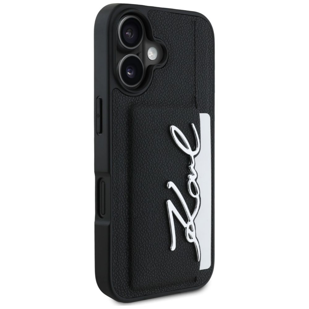 Citas preces Karl Lagerfeld Karl Lagerfeld HC Grained PU Cardslot Metal Signature iPhone 16 Case - Black