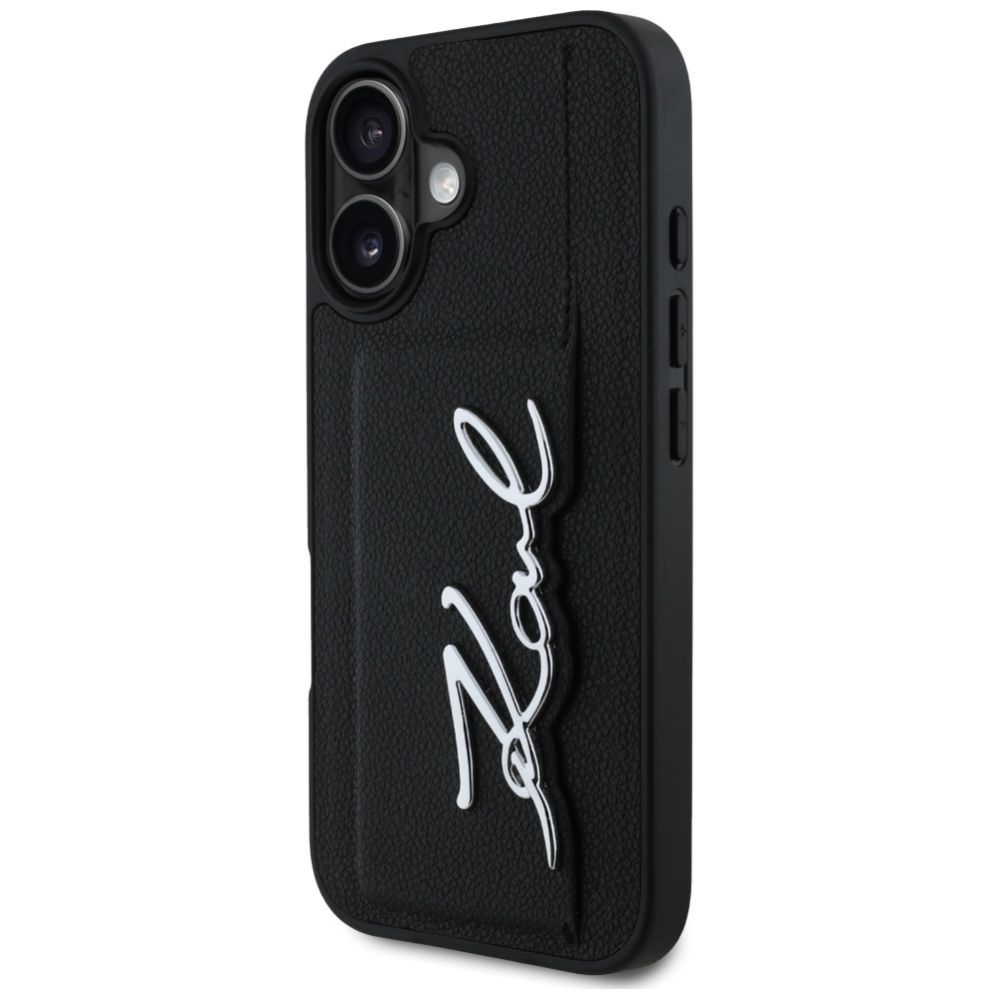 Citas preces Karl Lagerfeld Karl Lagerfeld HC Grained PU Cardslot Metal Signature iPhone 16 Case - Black