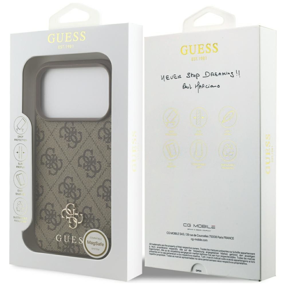 Citas preces Guess Guess 4G Small Classic Logo MagSafe case for iPhone 17 Pro - brown
