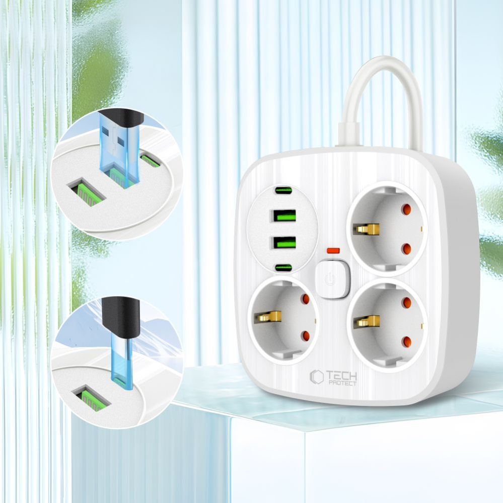 Citas preces Tech-Protect Tech-Protect PCS3X4 power strip, 3 sockets, 2xUSB-A, 2xUSB-C 200 cm - white