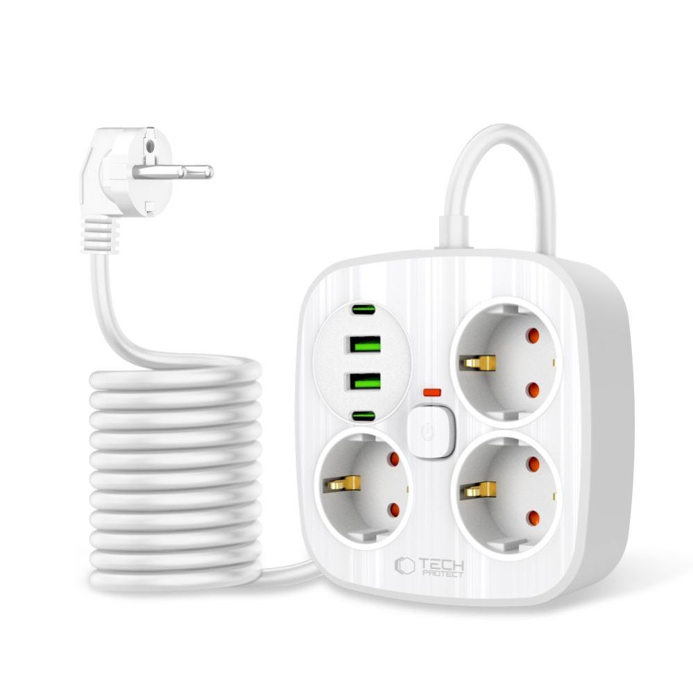 Citas preces Tech-Protect Tech-Protect PCS3X4 power strip, 3 sockets, 2xUSB-A, 2xUSB-C 200 cm - white