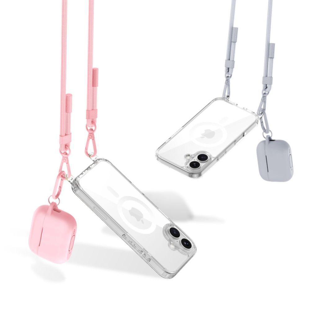 Citas preces Tech-Protect Tech-Protect Flexair Chain MagSafe Case for iPhone 16 - Clear + 2 Lanyards (Pink and Gray)