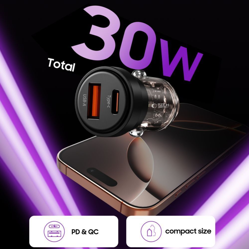 Citas preces Tech-Protect Tech-Protect CC03 30W 2-Port USB-A / USB-C Car Charger - Black