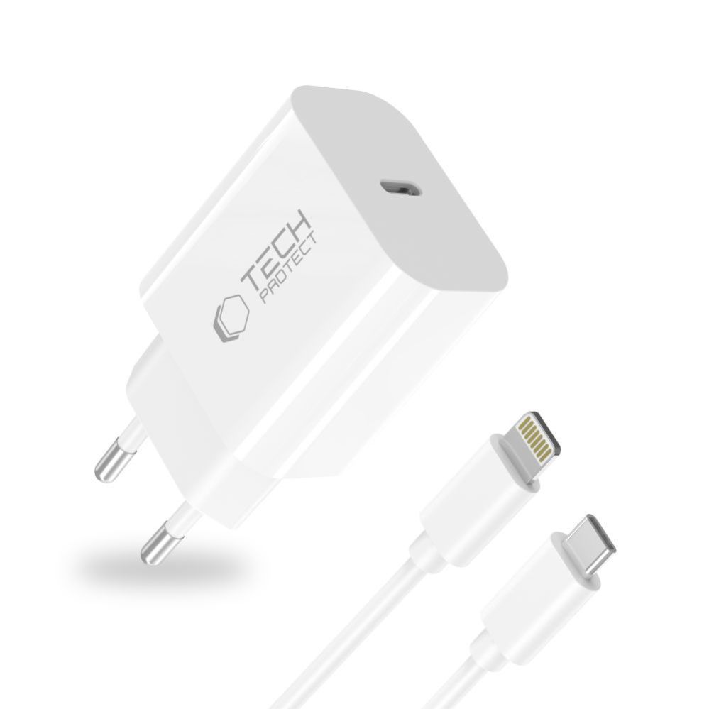 Citas preces Tech-Protect Tech-Protect NC20W Wall Charger with 100 cm USB-C / Lightning Cable - White