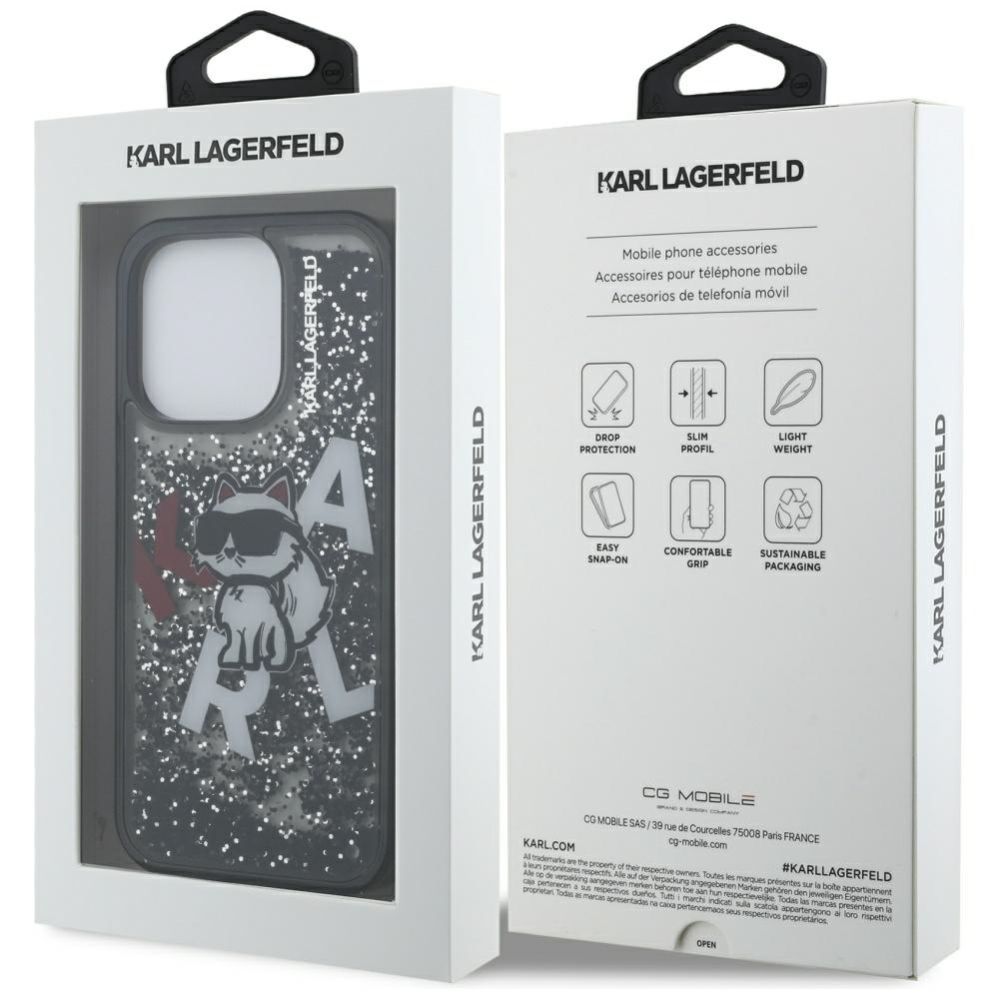 Citas preces Karl Lagerfeld Karl Lagerfeld Liquid Glitter Choupette Logo Case for iPhone 16 Pro Max - Black