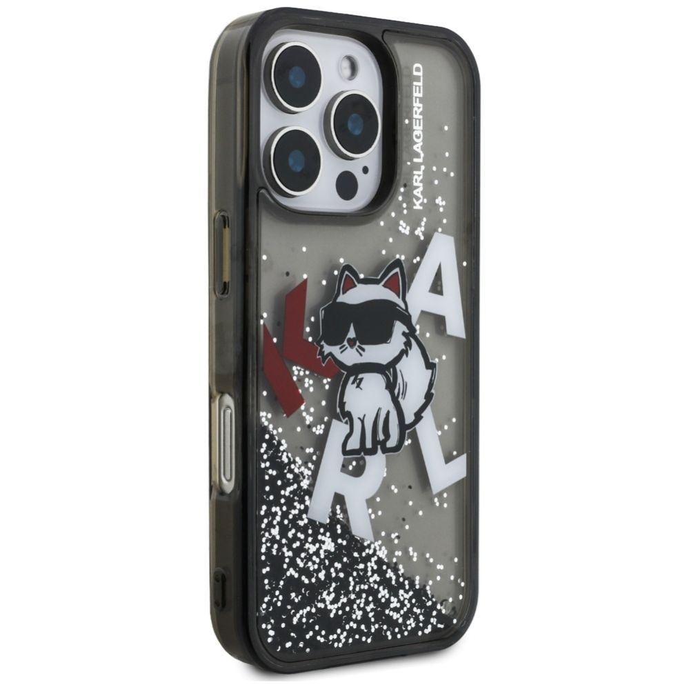 Citas preces Karl Lagerfeld Karl Lagerfeld Liquid Glitter Choupette Logo Case for iPhone 16 Pro Max - Black