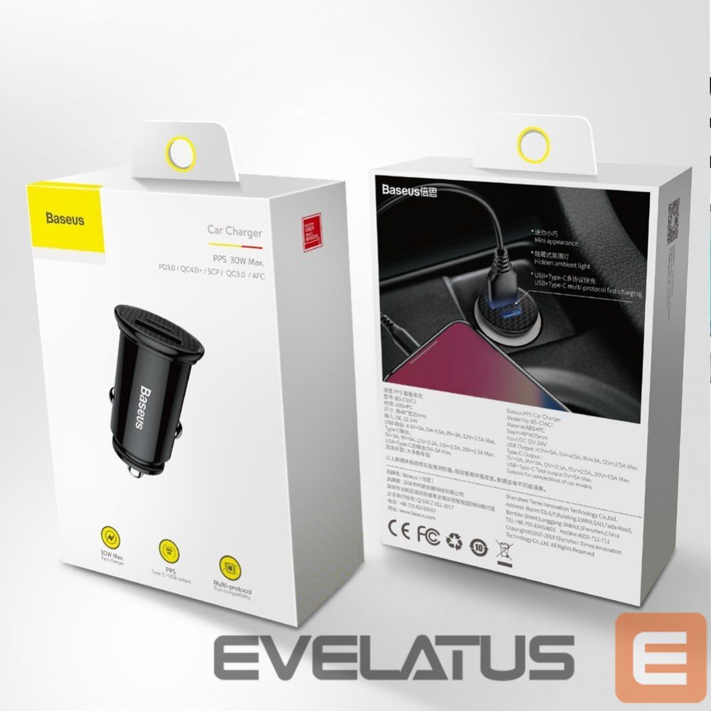 Autolaadijad Baseus Baseus Circular PPS smart car charger with USB Quick Charge 4.0 QC 4.0 and USB-C PD 3.0 SCP ports black (CCALL-YS01)