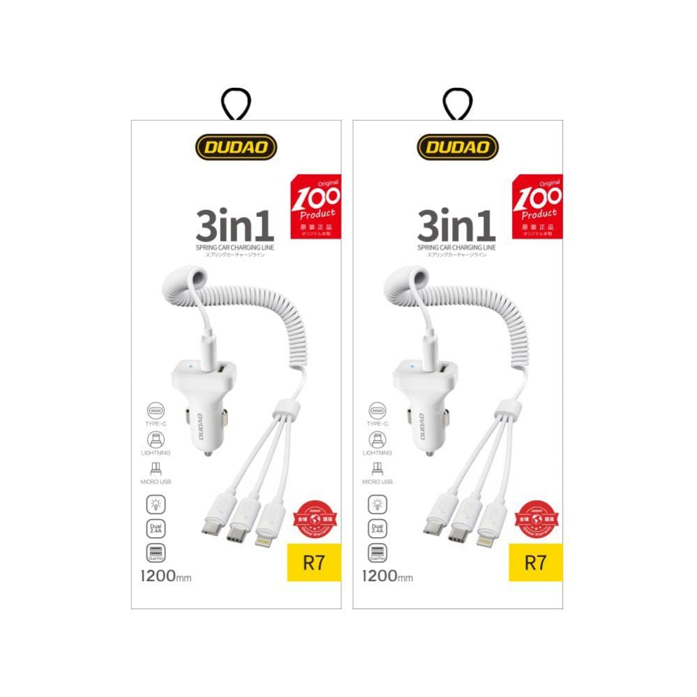Adaptrid Dudao Dudao car kit charger 2x USB 2.4A + cable USB 3in1 Lightning / Type C / micro USB cable white (R7 white)