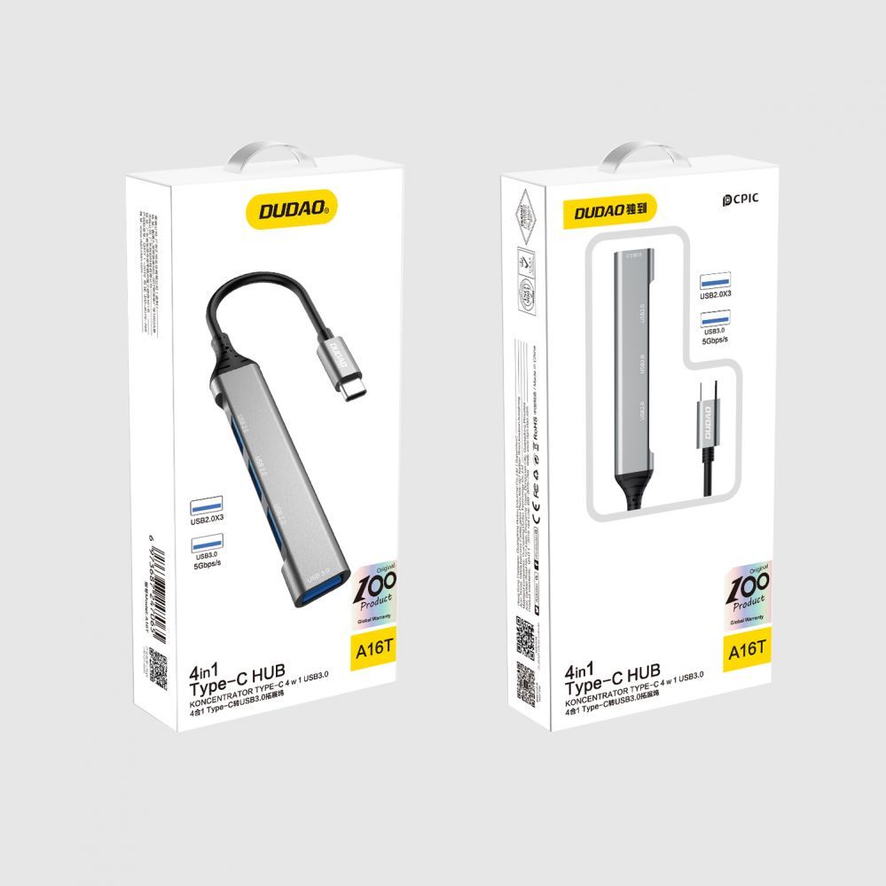 Kaabel Dudao Dudao HUB 4in1 USB-C - 4x USB-A (3 x USB2.0 / USB3.0) 6.3cm black (A16T)