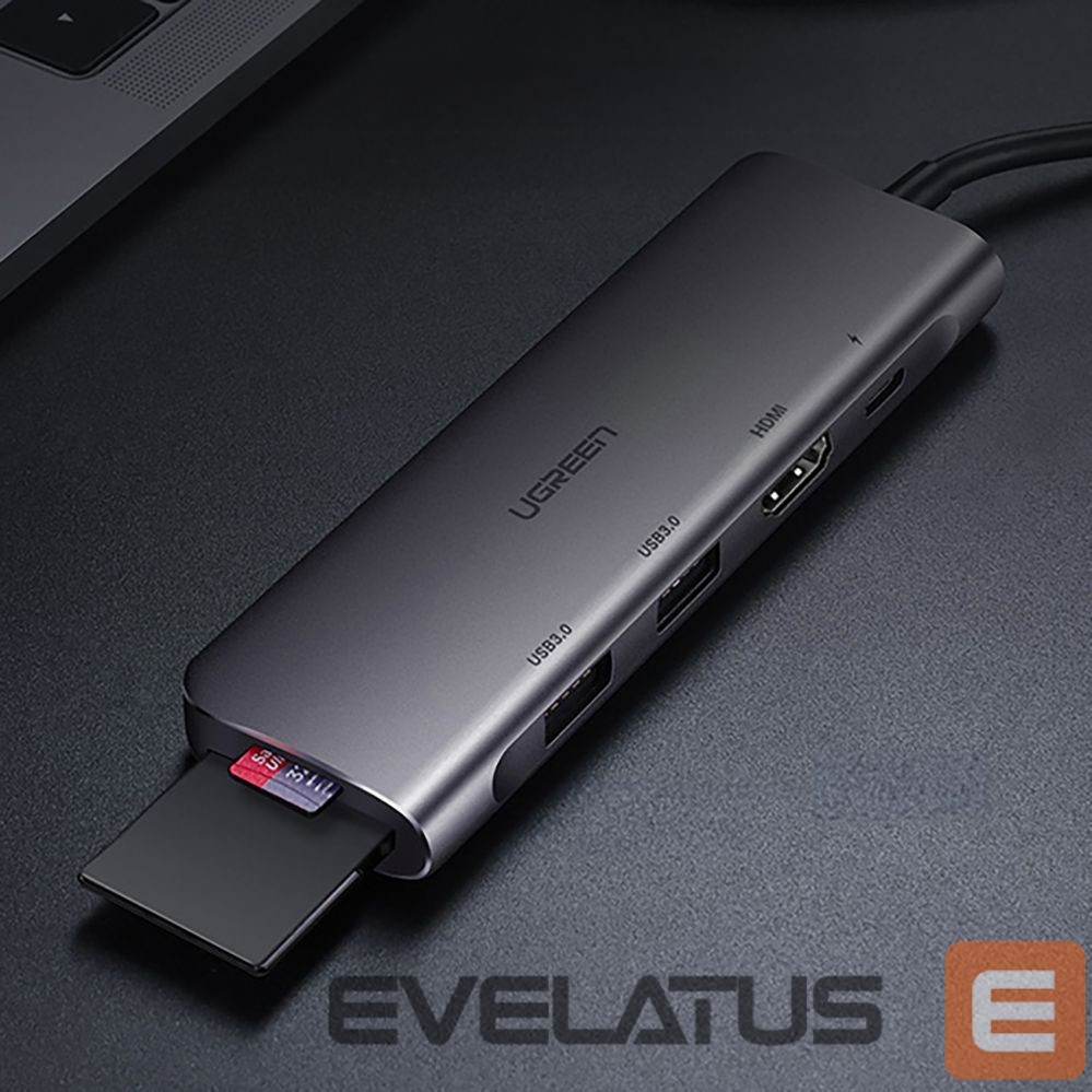 Kaabel Ugreen Ugreen CM195 6in1 adapter USB-C - HDMI / 2x USB-A 3.0 / USB-C PD / SD / TF reader - gray