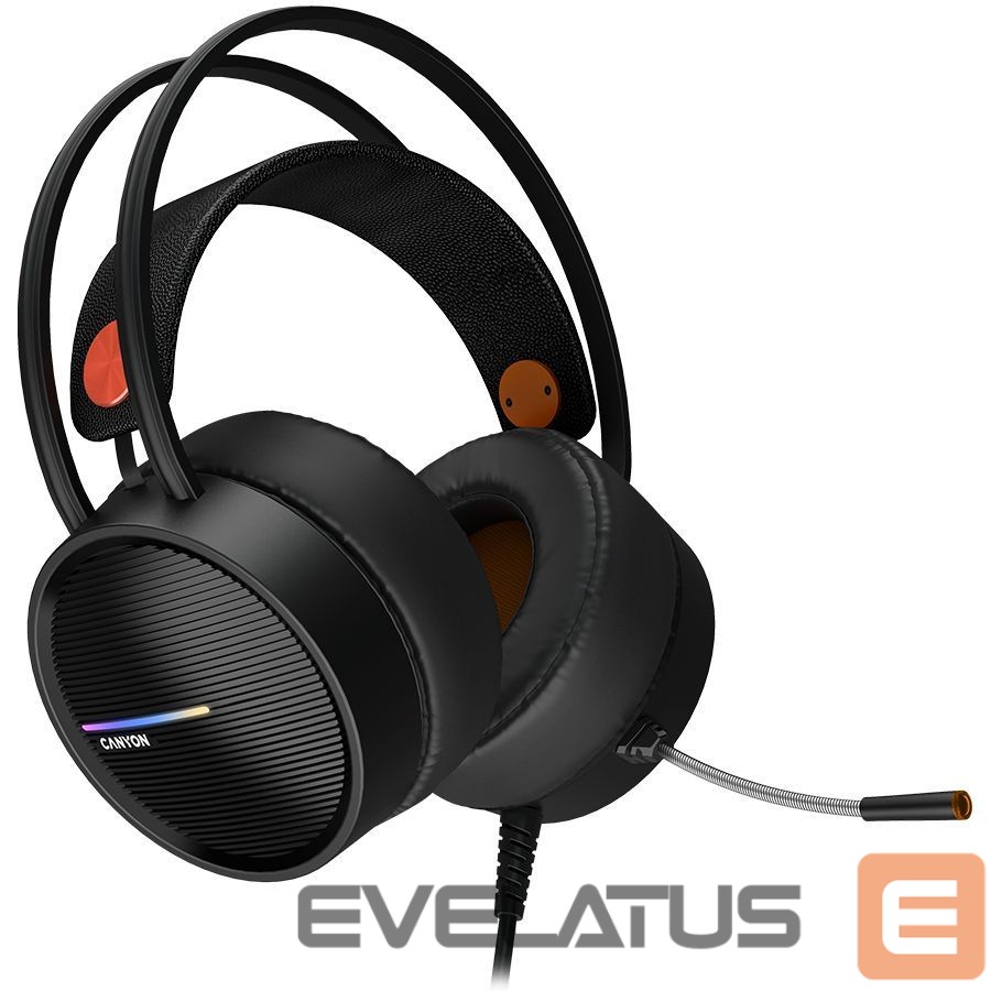 Headphone with microphone Canyon CANYON INTERCEPTOR GH-8A, Gaming headset 3.5mm jack plus USB connector for LED backlight, adjustable microphone and volume control, with 2in1 3.5mm adapter, cable 2M, Black and Orange, 0.36kg