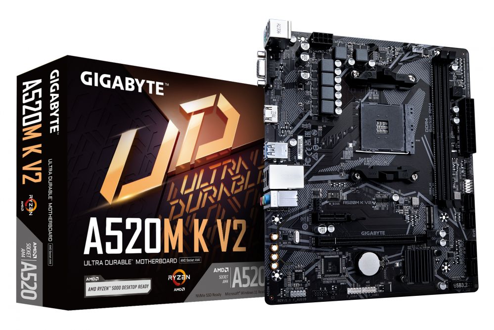 Intel protsessori emaplaat Gigabyte A520M K V2 1.0 M/B Processor family AMD, Processor socket AM4, DDR4 DIMM, Memory slots 2, Supported hard disk drive interfaces SATA, M.2, Number of SATA connectors 4, Chipset AMD A520, Micro ATX