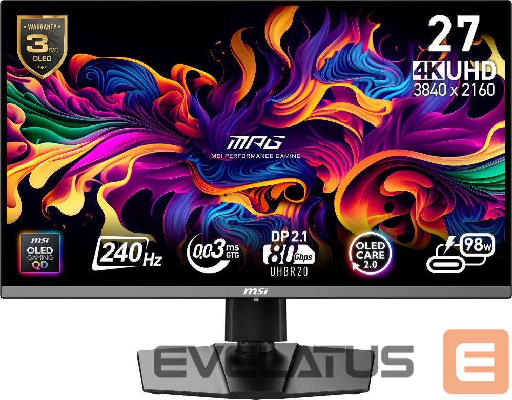 Monitorid MSI Monitor||MPG 272URX QD-OLED|27"|Gaming/4K|Matte|Panel QD-OLED|3840x2160|16:9|240 ??|0.03 ms|Swivel|Pivot|Height adjustable|Tilt|Colour Black|MPG272URXQD-OLED