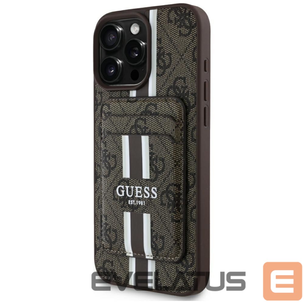 Citas preces Guess Guess 4G Stripes case with Magsafe wallet for iPhone 16 Pro Max brown