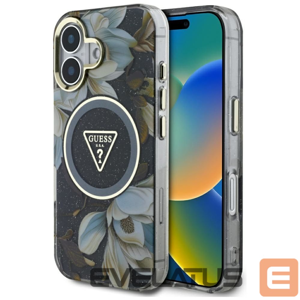 Citas preces Guess Guess Glitter Flowers Triangle Buttons MagSafe case for iPhone 16 black