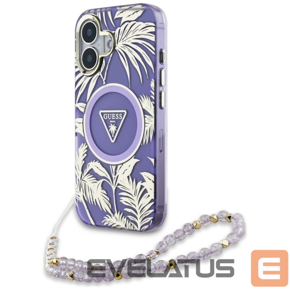 Citas preces Guess Guess Palm Trees Triangle Pearl Strap MagSafe case for iPhone 16 purple
