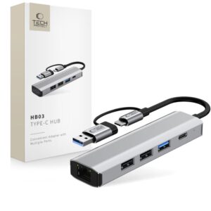 Citas preces Tech-Protect  Tech-Protect HB03 HUB Adapter 5in1 USB-C + USB2.0 + USB3.0 + RJ45 - gray 
