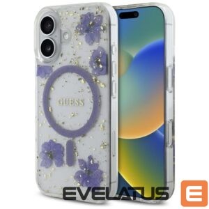 Citas preces Guess  Guess Resin Flowers Glitter MagSafe case for iPhone 16 - purple 