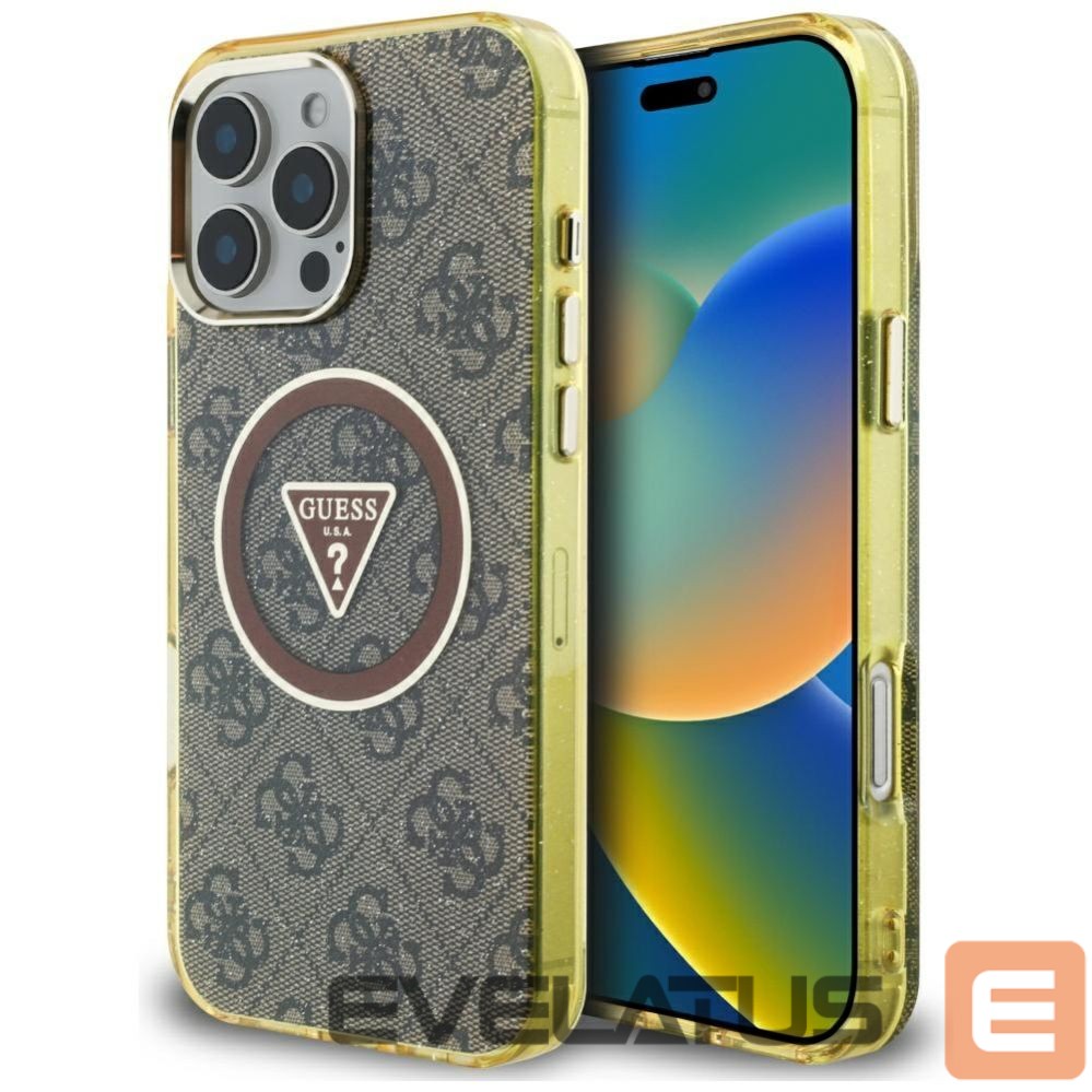 Citas preces Guess Guess IML Metal Glitter 4G Circle Triangle MagSafe Case for iPhone 16 Pro - Brown