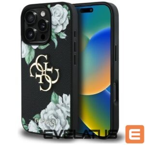 Citas preces Guess  Guess Grained Roses Big 4G logo iPhone 16 Pro case - black 