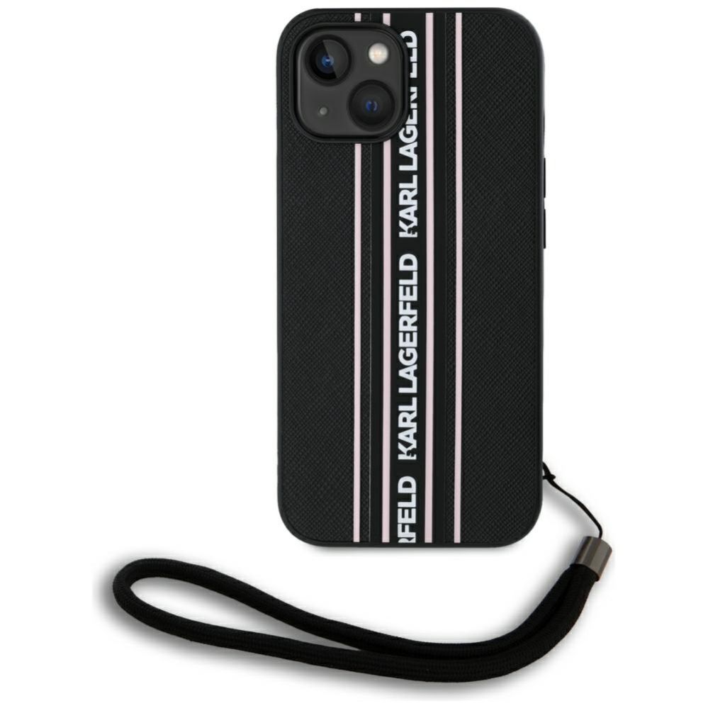 Citas preces Karl Lagerfeld Karl Lagerfeld Saffiano Athleisure Stripes Cord iPhone 15 Case - Pink