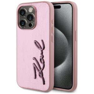 Citas preces Karl Lagerfeld  Karl Lagerfeld Wrinkled Metal Signature iPhone 15 Pro Max Case - Pink 