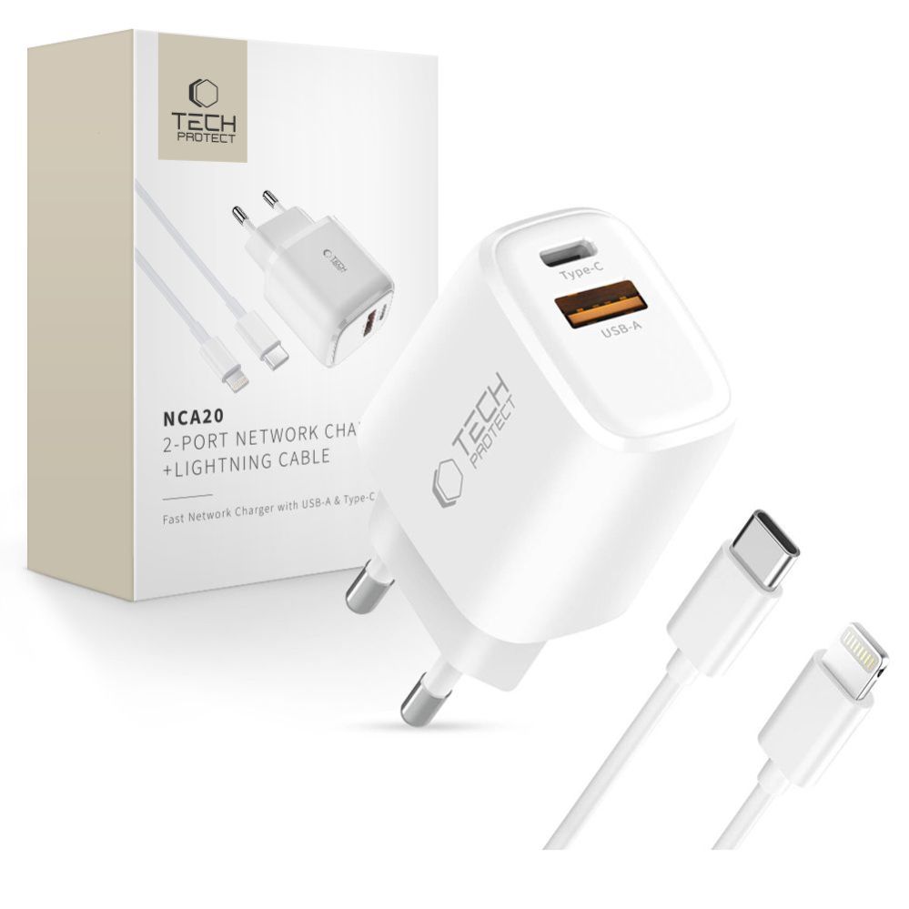 Muud kaubad Tech-Protect Tech-Protect NCA20 PD 20W QC3.0 USB-A / USB-C Wall Charger + USB-C / Lightning Cable 100cm - White