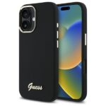 Citas preces Guess  Guess Silicone Script Metal Logo & Frame Case for iPhone 16 Plus - Black 