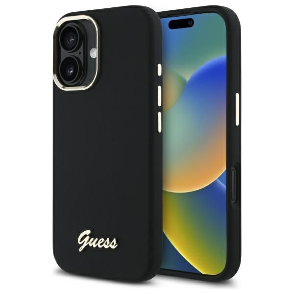 Citas preces Guess Guess Silicone Script Metal Logo & Frame Case for iPhone 16 Plus - Black