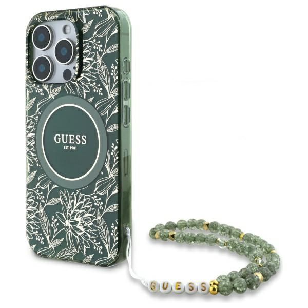 Citas preces Guess Guess IML Flowers Allover Electro With Pearl Strap MagSafe case for iPhone 16 Pro Max - green