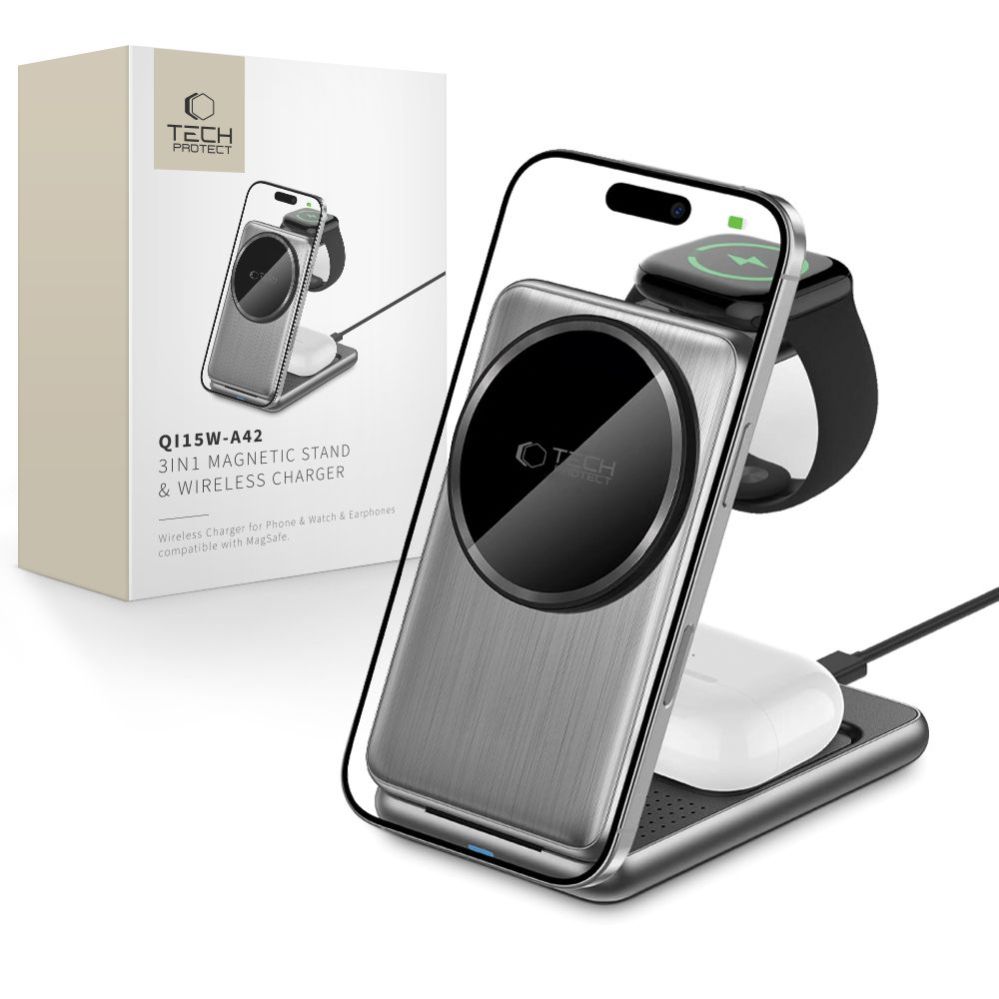 Muud kaubad Tech-Protect QI15W-A42 3in1 Inductive Charger with MagSafe for Apple Devices - Gray