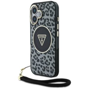 Kitos prekės Guess  Guess HC IML Leopard Triangle Cord Strap MagSafe case for iPhone 16 - black 