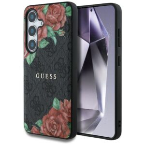 Citas preces Guess  Guess Leather 4G Flowers Print Metal Classic Logo MagSafe Case for Samsung Galaxy S25 - Black 