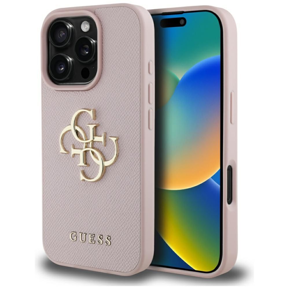 Citas preces Guess Guess Grained Big 4G Logo Small Classic Logo Case for iPhone 16 Pro - Pink