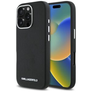 Citas preces Karl Lagerfeld  Karl Lagerfeld Saffiano Full Wrapped Elongated Metal Logo MagSafe Case for iPhone 16 Pro Max - Black 