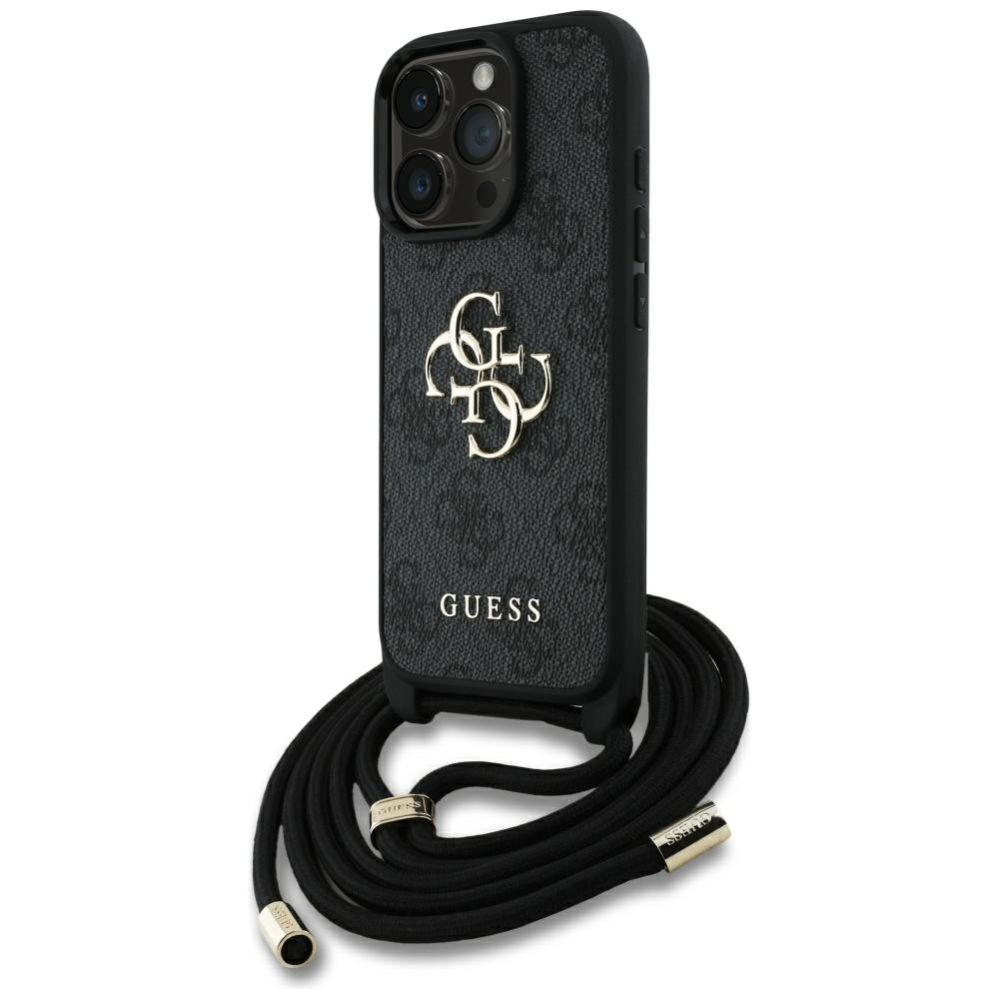 Citas preces Guess Guess 4G Big Logo Cord Stap Crossbody Case for iPhone 16 Pro Black