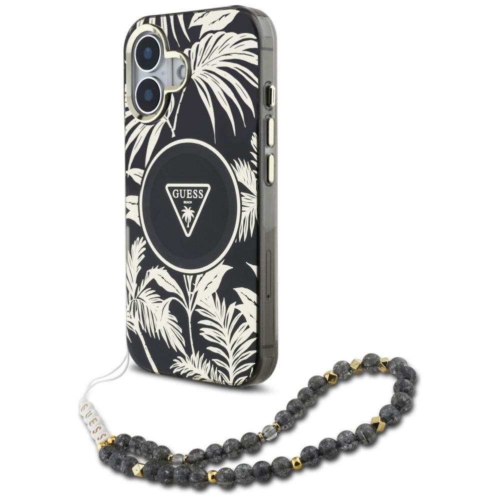 Citas preces Guess Guess Palm Trees Triangle Pearl Strap MagSafe case for iPhone 16 black