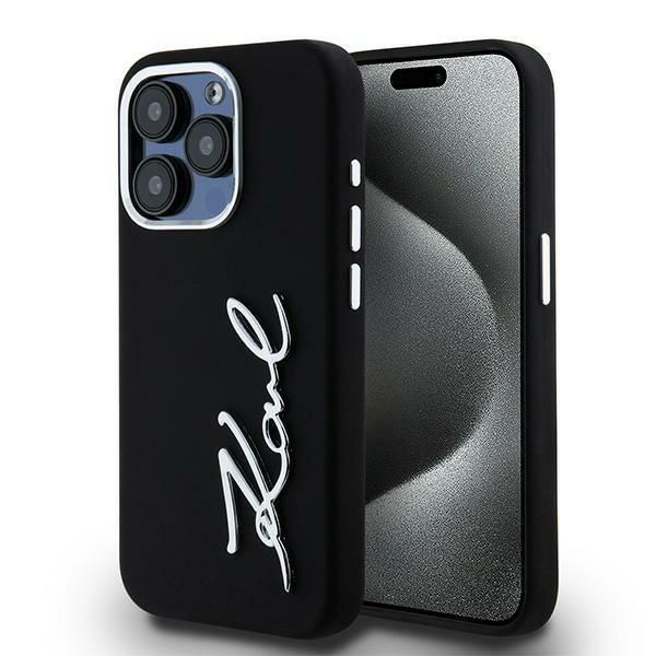 Citas preces Karl Lagerfeld Karl Lagerfeld Silicone Metal Script Logo iPhone 15 Pro Max Case - Black