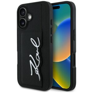 Kitos prekės Karl Lagerfeld  Karl Lagerfeld HC Grained PU Cardslot Metal Signature iPhone 16 Case - Black 