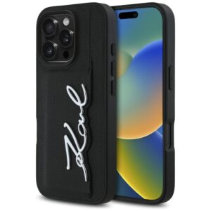 Kitos prekės Karl Lagerfeld  Karl Lagerfeld HC Grained PU Cardslot Metal Signature iPhone 16 Pro Max Case - Black 