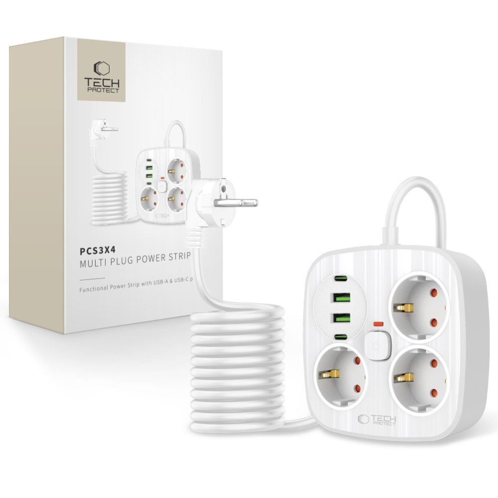 Citas preces Tech-Protect Tech-Protect PCS3X4 power strip, 3 sockets, 2xUSB-A, 2xUSB-C 200 cm - white