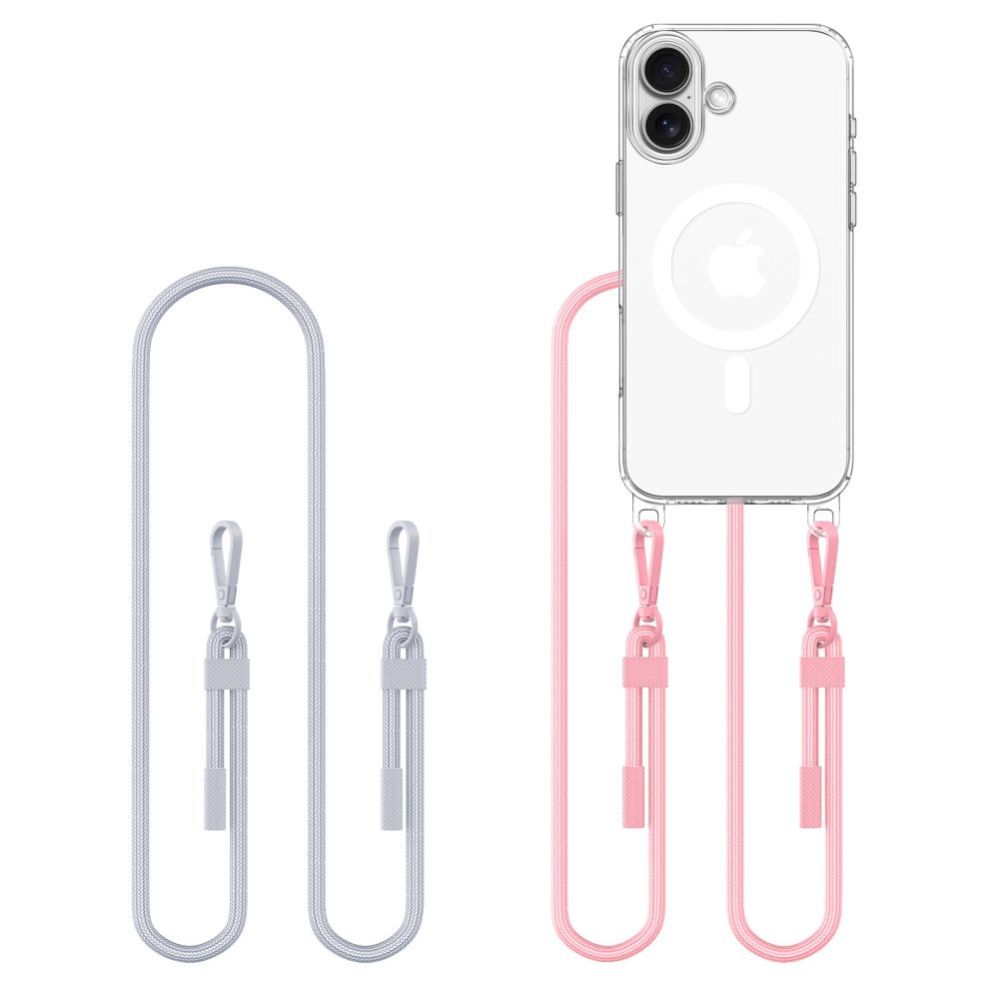 Citas preces Tech-Protect Tech-Protect Flexair Chain MagSafe Case for iPhone 16 - Clear + 2 Lanyards (Pink and Gray)